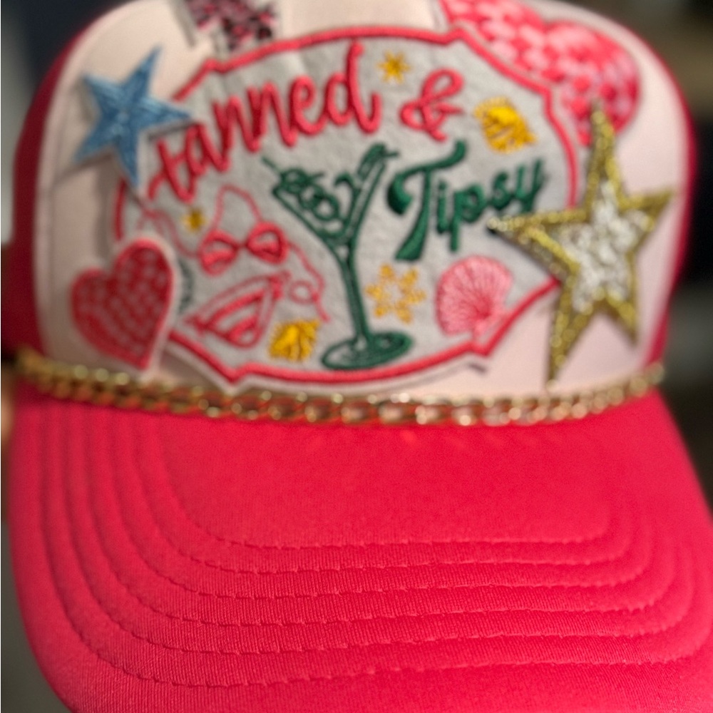 Red Embroidered Cap with Chain Detail